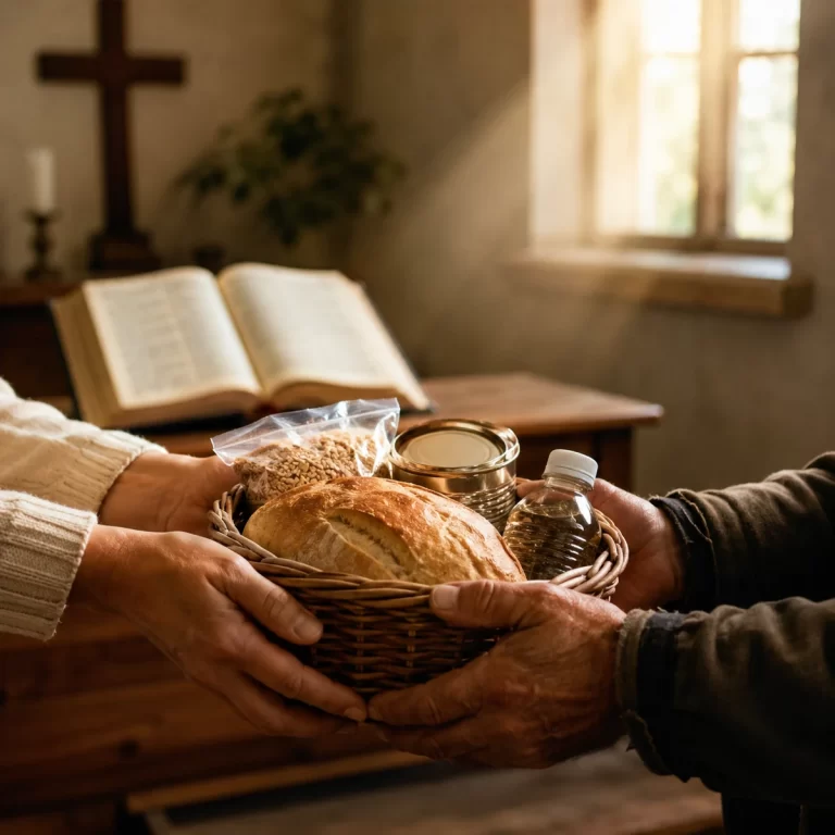 Diacono dando alimentos a una persona necesitada en la iglesia mostrando misericordia en la iglesia