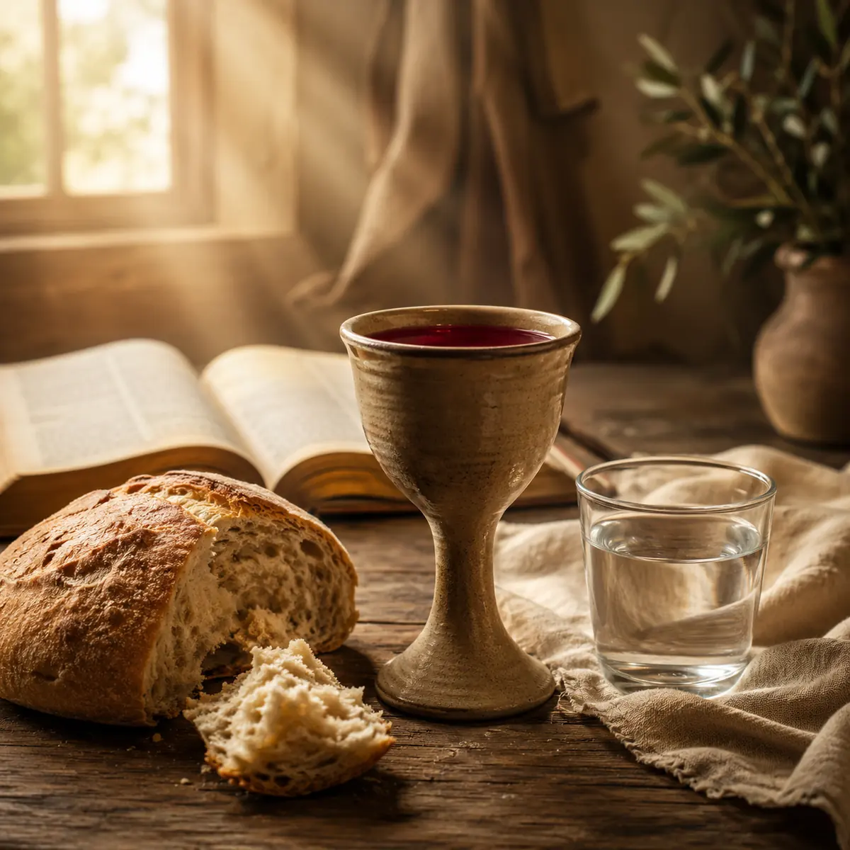 Agua para el bautismo, pan y vino para la santa cena